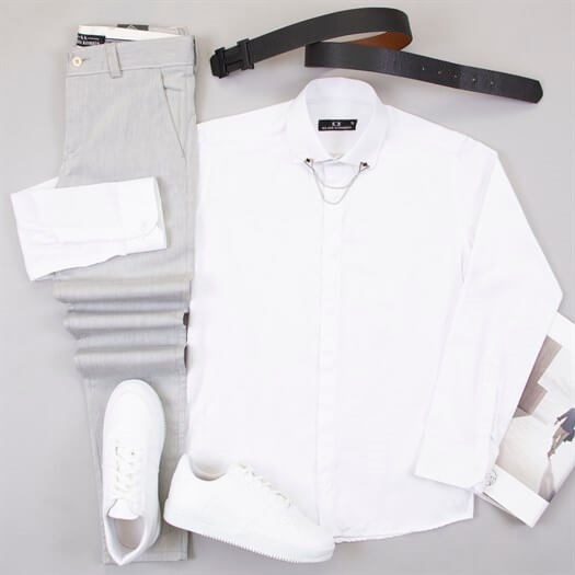 Beyaz Gömlek Gri Kumaş Pantolon Ayakkabı Kombin