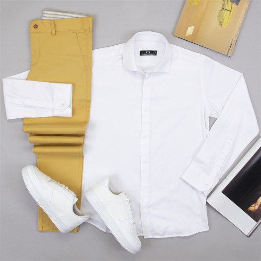 Sarı Pantolon Beyaz Gömlek Ayakkabı Kombin