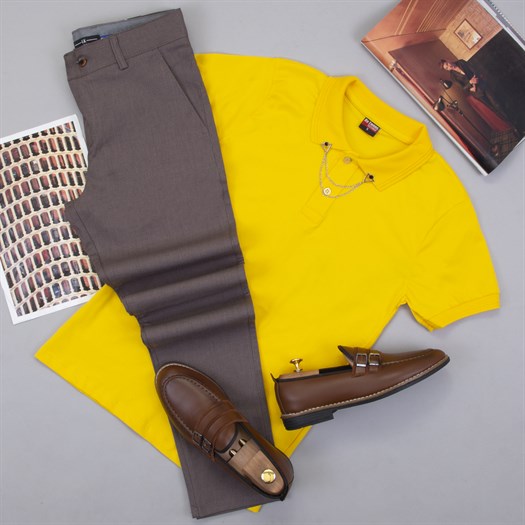 Sarı Polo Yaka Tişört Pantolon Ayakkabı Kombin