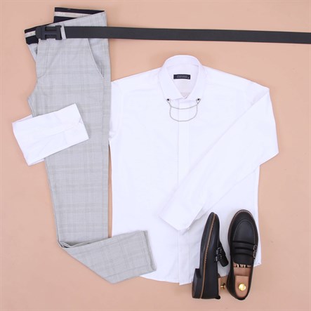 Beyaz Gömlek Kumaş Pantolon Klasik Ayakkabı Koımbini 