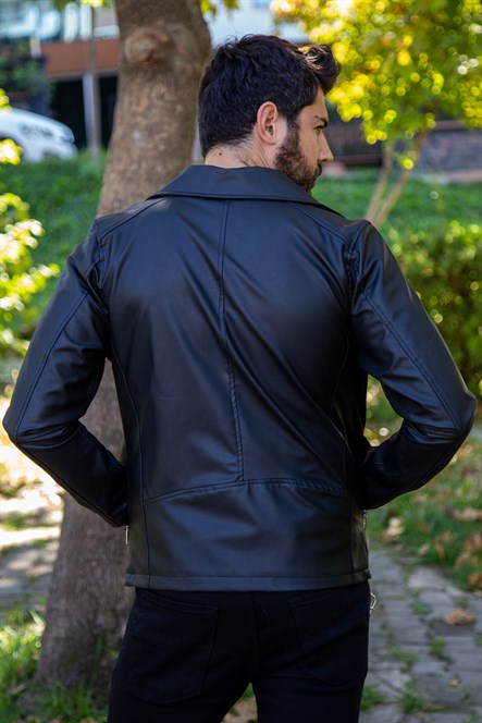 Çapraz fermuarlı modern bel kemer detaylı siyah deri ceket