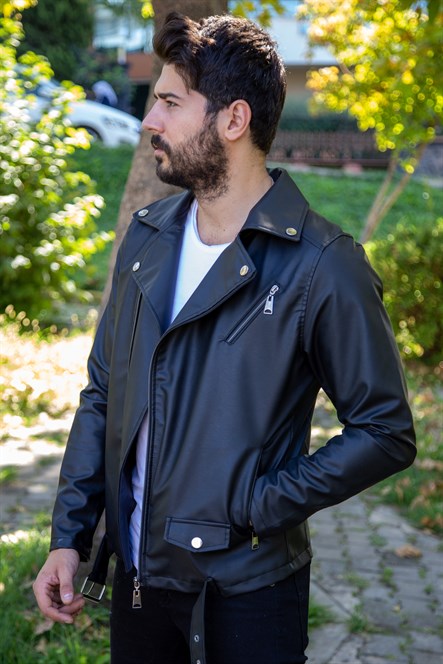 Çapraz fermuarlı modern bel kemer detaylı siyah deri ceket