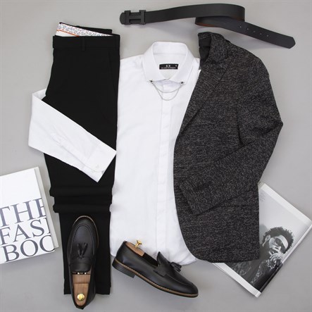 Siyah Beyaz Kırçıllı Blazer Ceket Gömlek Pantolon Ayakkabı Kombin