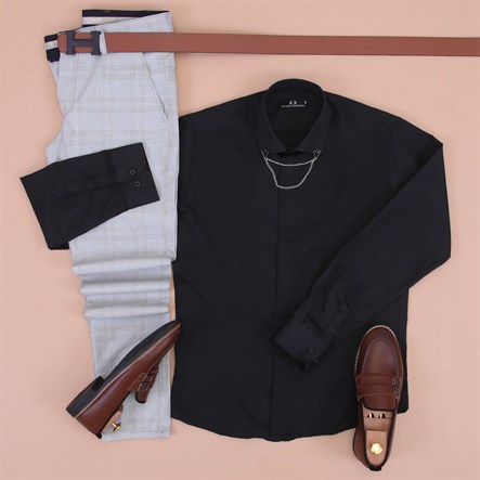 Siyah Gömlek Kumaş Pantolon Klasik Ayakkabı Koımbini 
