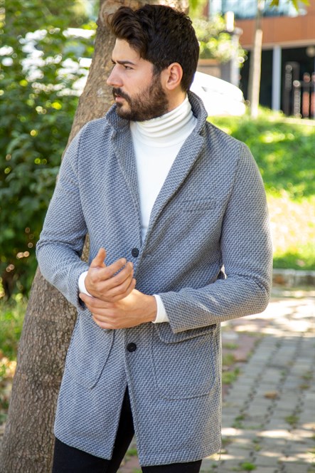 Uzun kaşe beyaz çizgisel desenli gri ceket