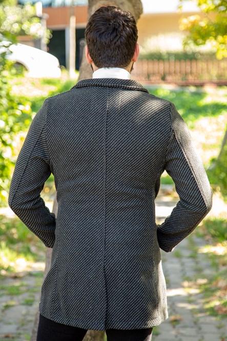 Uzun kaşe haki çizgisel desenli koyu gri ceket